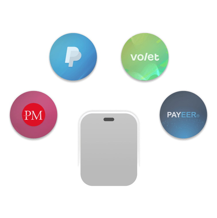 Logos of payment systems such as PayPal, volet, PM, and PAYEER in a circular layout with a phone.